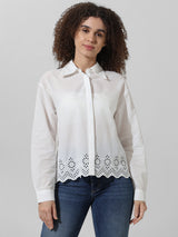 Women's White Woven Casual Solid Regular Fit Full Sleeves Shirt