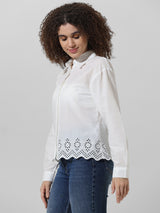 Women's White Woven Casual Solid Regular Fit Full Sleeves Shirt