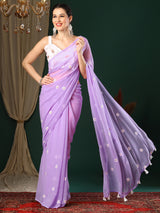 Women's Georgette Lavendar Embroidered Designer Saree With Blouse Piece