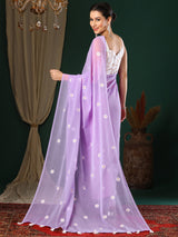 Women's Georgette Lavendar Embroidered Designer Saree With Blouse Piece