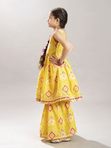 Girls Yellow Ethnic Motifs Printed Anarkali Shape Kurta with Elasticated Waistband Sharara