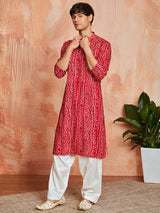 Men's Red Rayon Bandhani Printed Navratri Special Kurta
