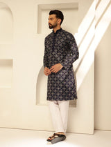 Men's Navy Cotton Silk Thread Embroidered Long Kurta with Golden Accents