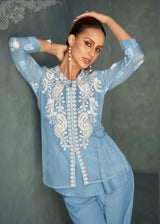 Women's Blue Work Regular Fit Embroidered Three Quarter Sleeves Co-Ord Sets