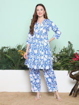 Women's Blue Ethnic Three Quarter Sleeves Kurta Set