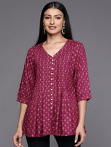 Women's Pink Geometric Printed Pleated Flared Kurti