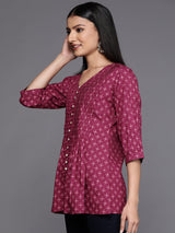 Women's Pink Geometric Printed Pleated Flared Kurti