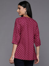 Women's Pink Geometric Printed Pleated Flared Kurti