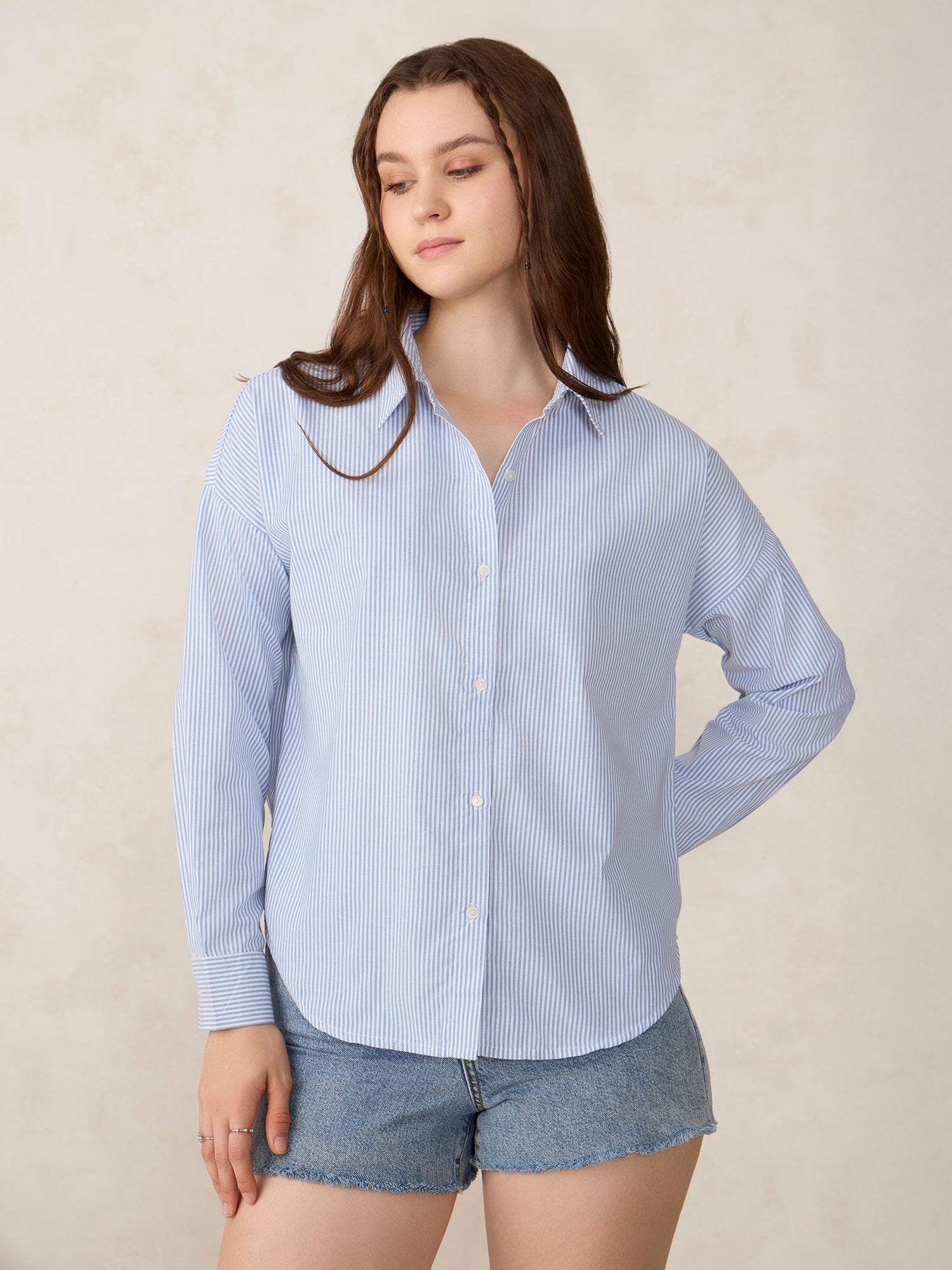 Women's Blue Casual Striped Full Sleeves Shirt