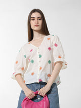 Women's White Woven Casual Solid Regular Fit Half Sleeves Top