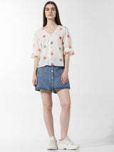 Women's White Woven Casual Solid Regular Fit Half Sleeves Top
