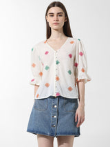 Women's White Woven Casual Solid Regular Fit Half Sleeves Top