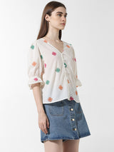 Women's White Woven Casual Solid Regular Fit Half Sleeves Top