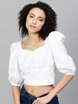 Women's White Puff Sleeves Blouson Top