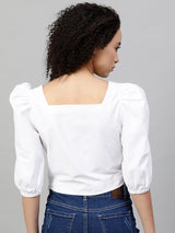 Women's White Puff Sleeves Blouson Top