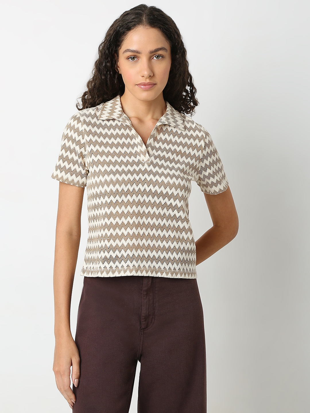Women's Brown Abstract Print Polo