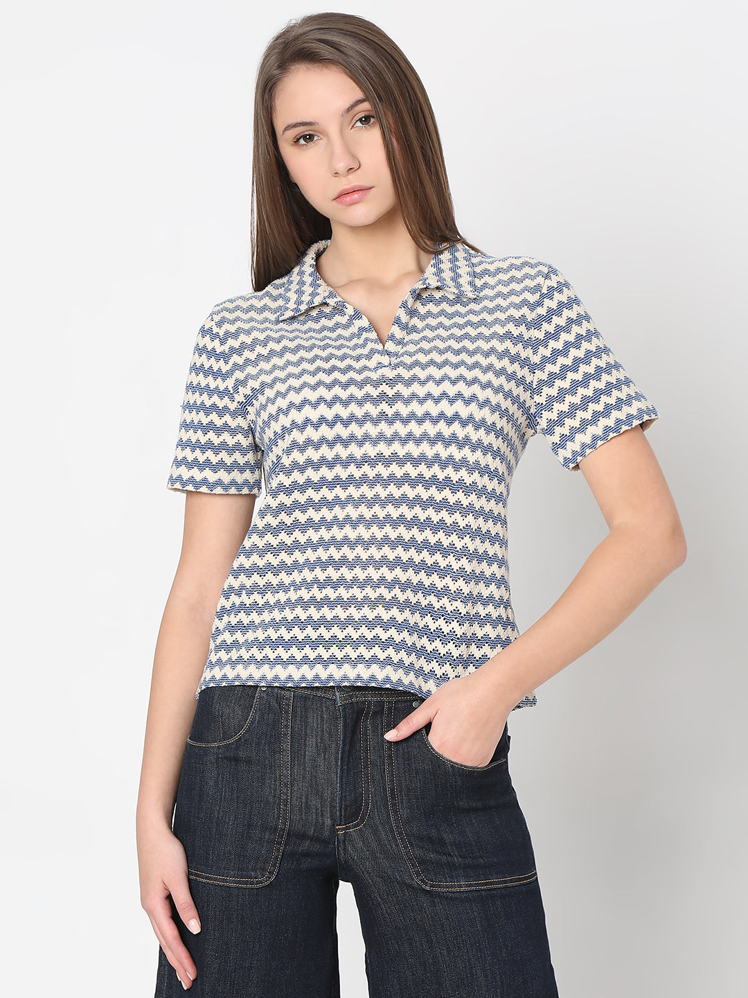 Women's Blue Abstract Print Polo