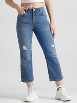 Women's Blue Woven Casual Solid Cropped Jeans