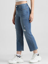 Women's Blue Woven Casual Solid Cropped Jeans