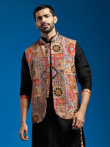 Men's Multicolor Crepe Printed Embroidered Sequinned Full Sleeves Nehru Jacket