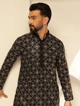 Men's Black Cotton Silk Thread Embroidered Long Kurta with Golden Accents