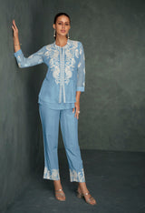 Women's Blue Work Regular Fit Embroidered Three Quarter Sleeves Co-Ord Sets