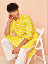 Men's Yellow Cotton Leheriya Printed Kurta