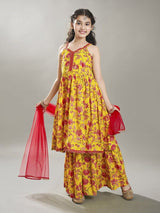 Girls Yellow Floral Printed Anarkali Shape Kurta with Elasticated Sharara and Dupatta