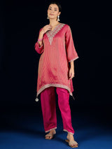 Women's Pink C-Cut Kurta with Zari Embroidery and Ankle-Length Palazzo