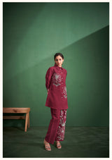 Women's Red Work Regular Fit Embroidered Three Quarter Sleeves Co-Ord Sets