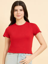Women's Red Casual Slim Fit Solid Top