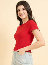 Women's Red Casual Slim Fit Solid Top