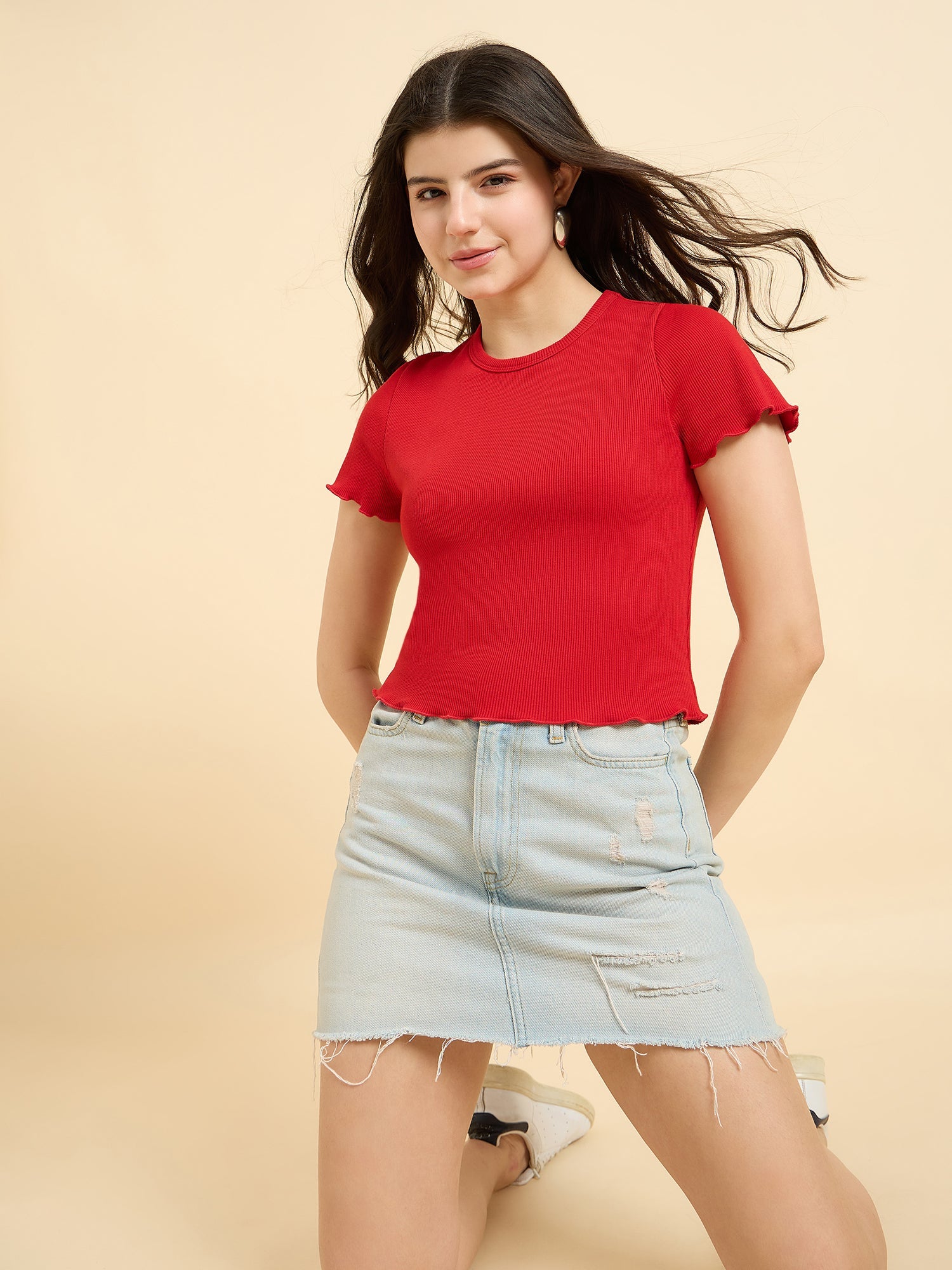 Women's Red Casual Slim Fit Solid Top