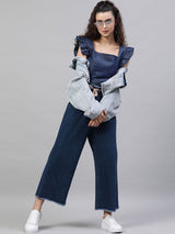 Women's Blue Flared Faded Parallel Trousers