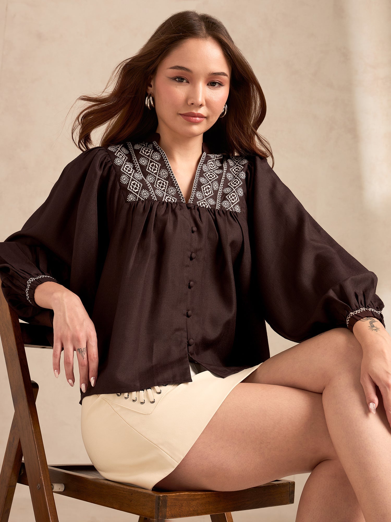 Women's Brown Casual Geometric Full Sleeves Top