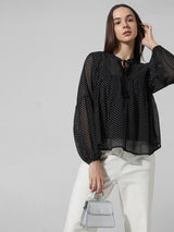 Women's Black Woven Casual Printed Regular Fit Full Sleeves Top