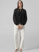 Women's Black Woven Casual Printed Regular Fit Full Sleeves Top