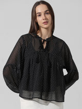Women's Black Woven Casual Printed Regular Fit Full Sleeves Top