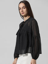 Women's Black Woven Casual Printed Regular Fit Full Sleeves Top