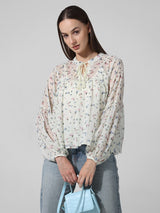 Women's White Woven Casual Printed Regular Fit Full Sleeves Top
