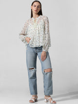 Women's White Woven Casual Printed Regular Fit Full Sleeves Top