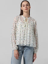Women's White Woven Casual Printed Regular Fit Full Sleeves Top