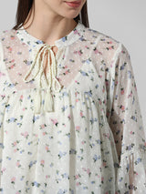Women's White Woven Casual Printed Regular Fit Full Sleeves Top