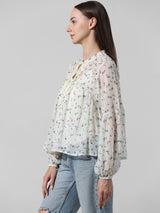 Women's White Woven Casual Printed Regular Fit Full Sleeves Top