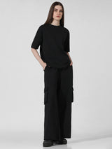 Women's Black Knitted Casual Solid Regular Fit Half Sleeves Tshirt