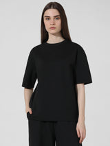 Women's Black Knitted Casual Solid Regular Fit Half Sleeves Tshirt