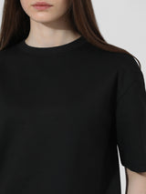 Women's Black Knitted Casual Solid Regular Fit Half Sleeves Tshirt