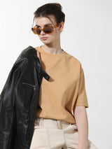Women's Beige Knitted Casual Solid Regular Fit Half Sleeves Tshirt