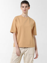 Women's Beige Knitted Casual Solid Regular Fit Half Sleeves Tshirt