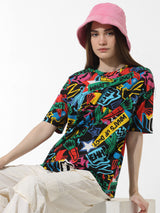 Women's Black Knitted Casual Printed Regular Fit Half Sleeves Tshirt